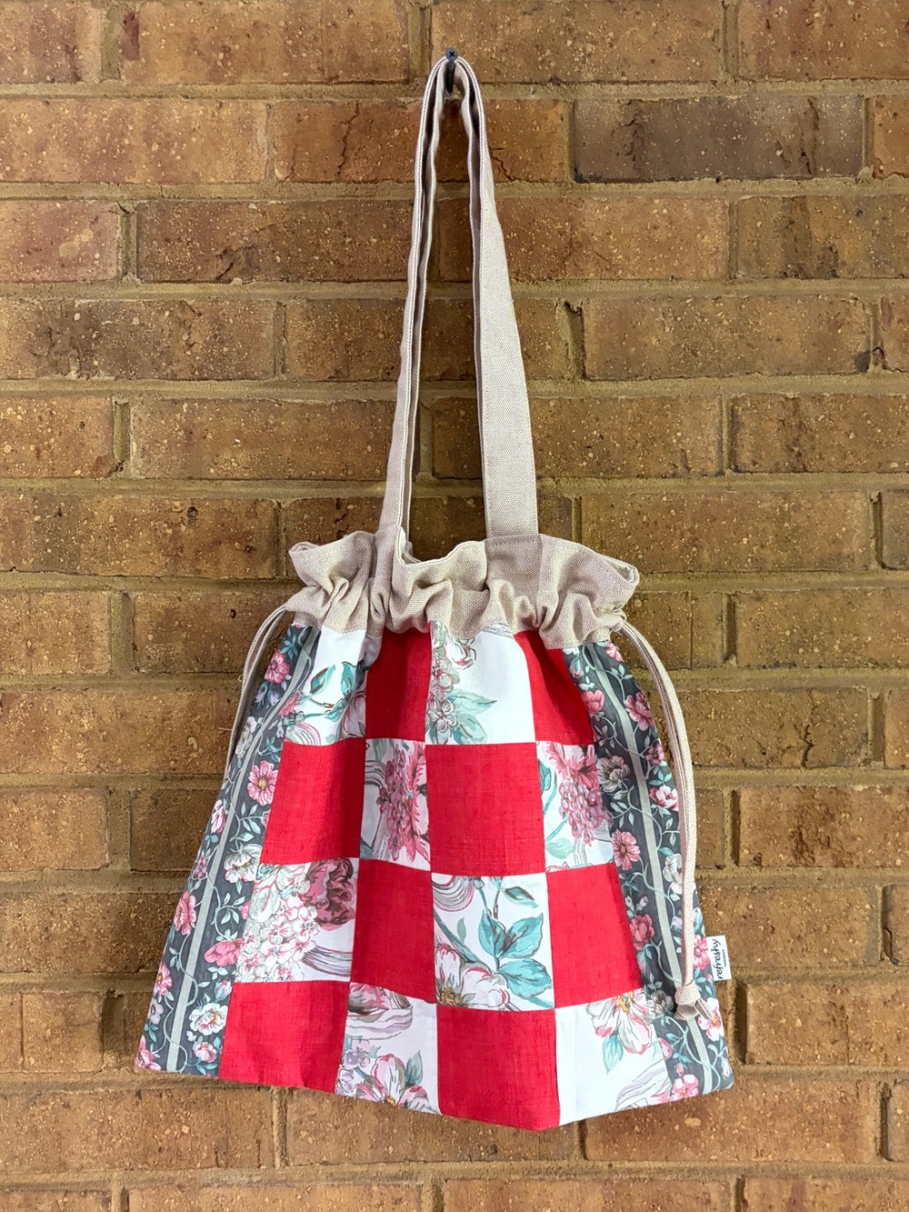 Patchwork Vintage Fabrics / Drawstring Tote Bag / Handmade